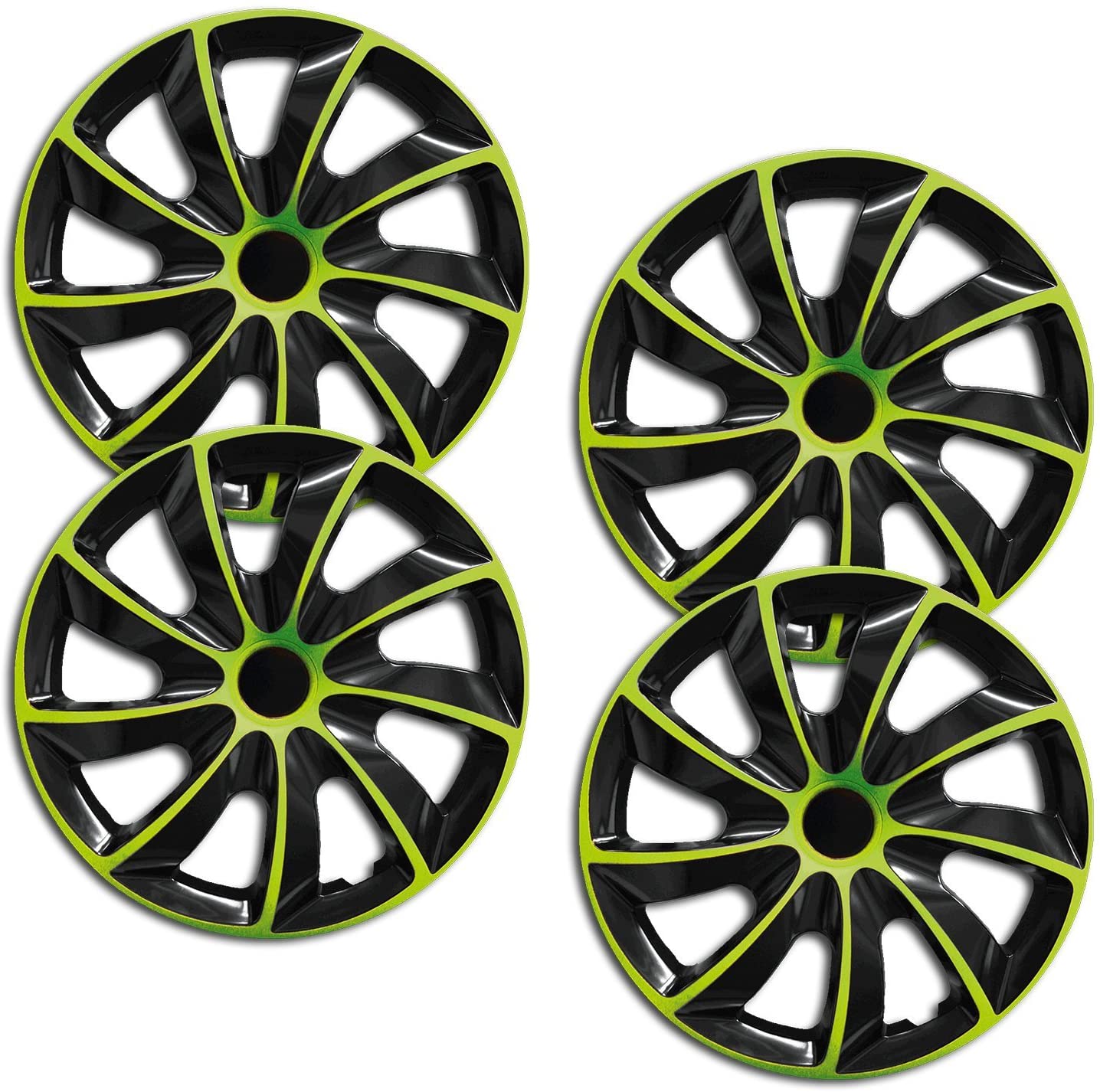 Eine Frontaufnahme des 4er Set Radkappen Modell RKK02 in schwarz-gruen.