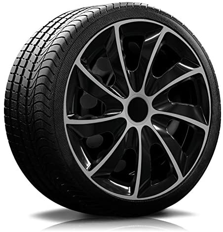 Reifen Reifen Radkappe RKK02 schwarz-silber Ein Reifen mit Felge, auf der eine Radkappe des Modells RKK02 schwarz-silber ist.